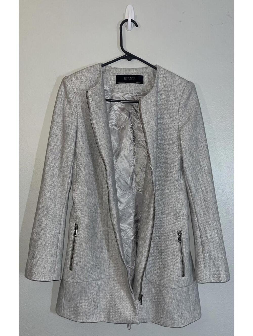 Zara Longline Herringbone Long Sleeve Jacket Blazer Zip Up Pockets M Grey